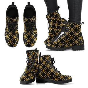 Abstract Gold Circle Women's Vegan Leather Boots, Hippie Streetwear,