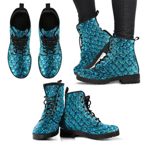 Mermaid Scales Women's Vegan Leather Boots , Ankle, Lace,Up, Handcrafted,