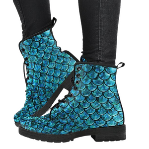 Mermaid Scales Women's Vegan Leather Boots , Ankle, Lace,Up, Handcrafted,