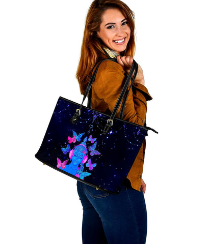 Image of Dark Blue Galaxy Butterfly Buddha Tote Bag,Multi Colored,Bright,Psychedelic,Book Bag,Gift Bag,Leather Bag,Leather Tote Bag Women Bag