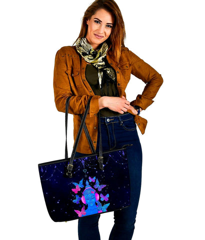 Image of Dark Blue Galaxy Butterfly Buddha Tote Bag,Multi Colored,Bright,Psychedelic,Book Bag,Gift Bag,Leather Bag,Leather Tote Bag Women Bag
