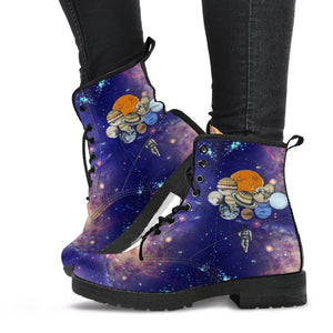 Women’s Dark Blue Galaxy Combat Boots , Vegan Leather with Spaceman, Planets &