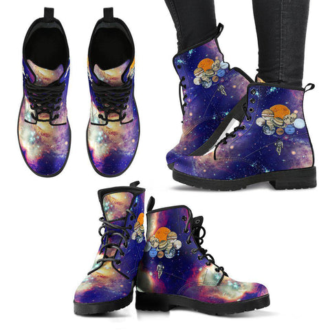 Image of Women’s Dark Blue Galaxy Combat Boots , Vegan Leather with Spaceman, Planets &