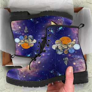 Women’s Dark Blue Galaxy Combat Boots , Vegan Leather with Spaceman, Planets &