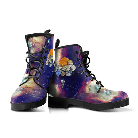 Image of Women’s Dark Blue Galaxy Combat Boots , Vegan Leather with Spaceman, Planets &