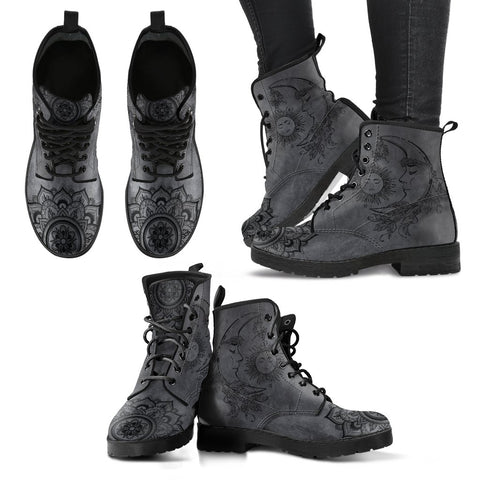 Image of Dark Gray Sun Design Women's Vegan Leather Ankle Boots, Fashion Lace,Up Boots,