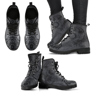 Dark Gray Sun Design Women's Vegan Leather Ankle Boots, Fashion Lace,Up Boots,