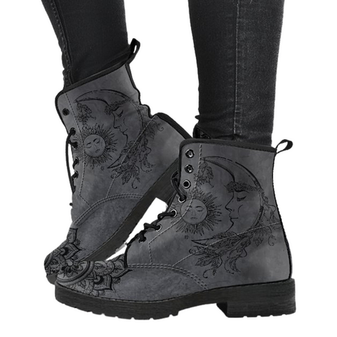 Image of Dark Gray Sun Design Women's Vegan Leather Ankle Boots, Fashion Lace,Up Boots,