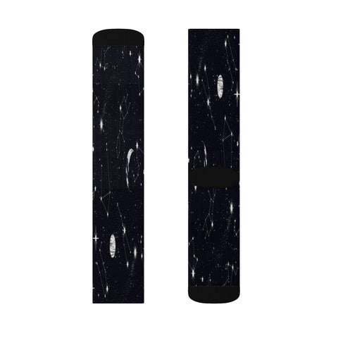 Image of Dark Midnight Navy Starry Galaxy Universe Long Sublimation Socks, High Ankle