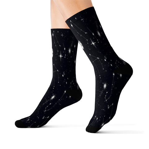 Image of Dark Midnight Navy Starry Galaxy Universe Long Sublimation Socks, High Ankle