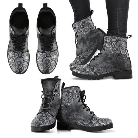Image of Dark Paisley Mandala Women's Vegan Leather Boots, Handcrafted Lace Up Ankle