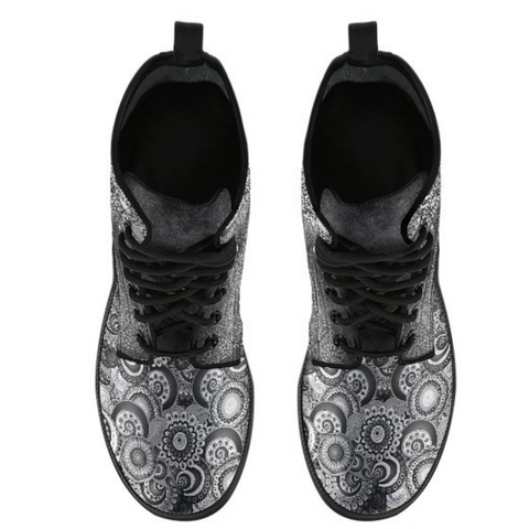 Image of Dark Paisley Mandala Women's Vegan Leather Boots, Handcrafted Lace Up Ankle