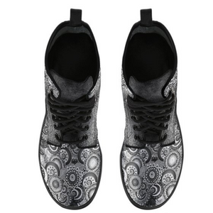 Dark Paisley Mandala Women's Vegan Leather Boots, Handcrafted Lace Up Ankle