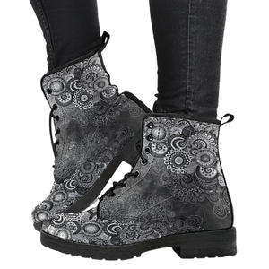 Dark Paisley Mandala Women's Vegan Leather Boots, Handcrafted Lace Up Ankle