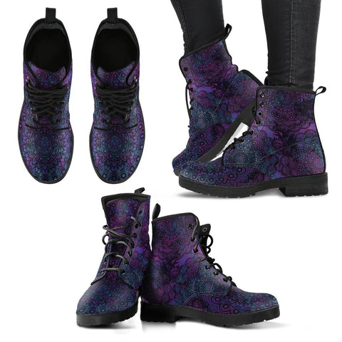Image of Dark Purple Mandala Women's Leather Boots, Handcrafted Vegan Leather, Lace Up