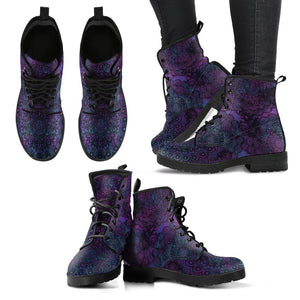 Dark Purple Mandala Women's Leather Boots, Handcrafted Vegan Leather, Lace Up