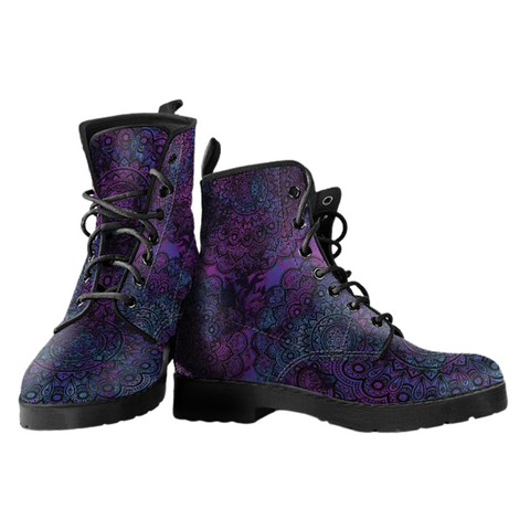 Image of Dark Purple Mandala Women's Leather Boots, Handcrafted Vegan Leather, Lace Up