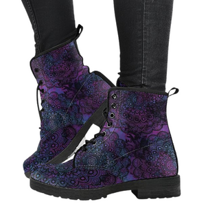 Dark Purple Mandala Women's Leather Boots, Handcrafted Vegan Leather, Lace Up