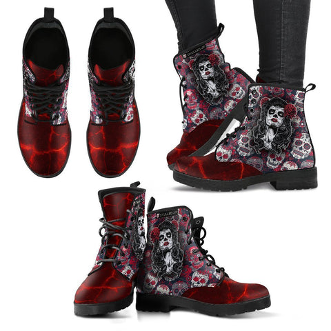 Image of Day Of The Dead, Women's Leather Boots, Vegan Ankle Boots, Lace Up