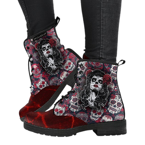 Image of Day Of The Dead, Women's Leather Boots, Vegan Ankle Boots, Handmade Lace Up Women's Fashion Boots