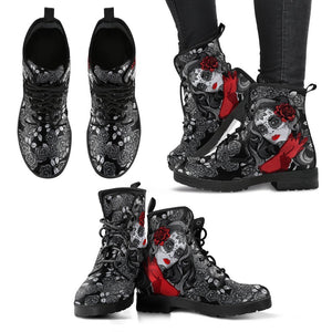 Day Of the Dead Women's Leather Boots , Vegan, Ankle, Lace,Up, Handcrafted,