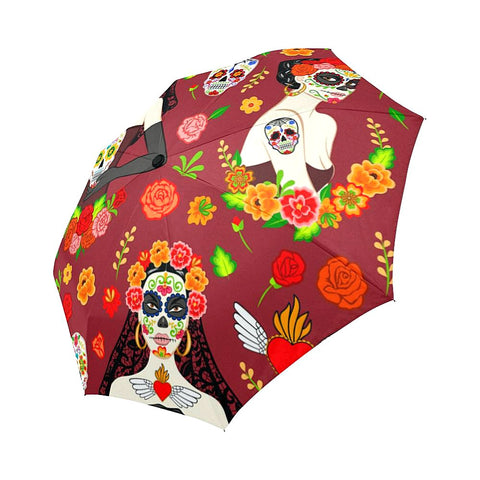 Image of Day of the Dead Sugar Skull Flowers Auto-Foldable Umbrella (Model U04)