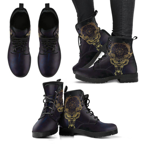 Image of Women's Vegan Leather Boots, Gold Deer Dream Catcher Black Design,