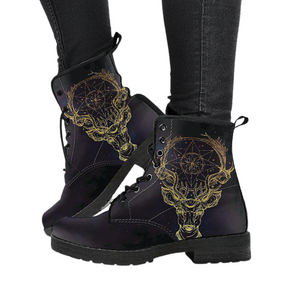 Women's Vegan Leather Boots, Gold Deer Dream Catcher Black Design,