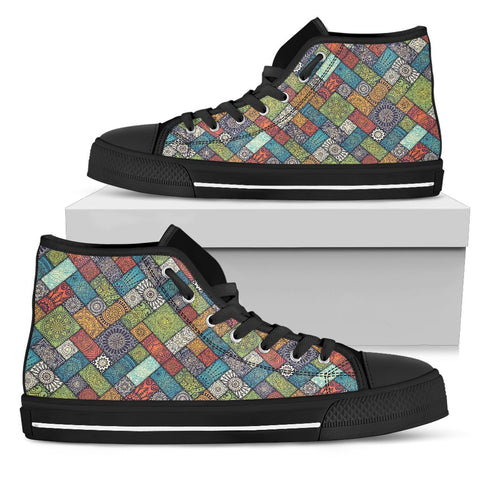 Image of Diagonal Floral Tiles Colorful Canvas Shoes,High Quality, High Quality,Handmade Crafted, Boho,All Star,Custom Shoes,Womens High Top,Bright