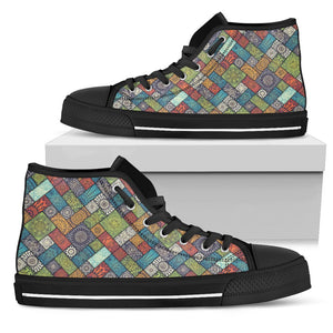Diagonal Floral Tiles Colorful Canvas Shoes,High Quality, High Quality,Handmade Crafted, Boho,All Star,Custom Shoes,Womens High Top,Bright