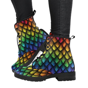 Bright Colorful Dragon Scale Women's Boots, Vegan Leather Lace,Up Ankle Boots,