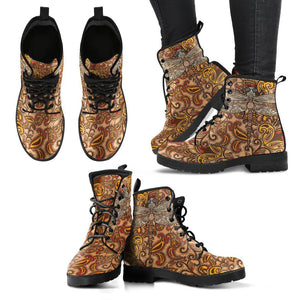 Dragonfly Mandala, Women's Vegan Leather Ankle Boots, Stylish Lace-up Fashion Boots, Handcrafted Vegan Shoes