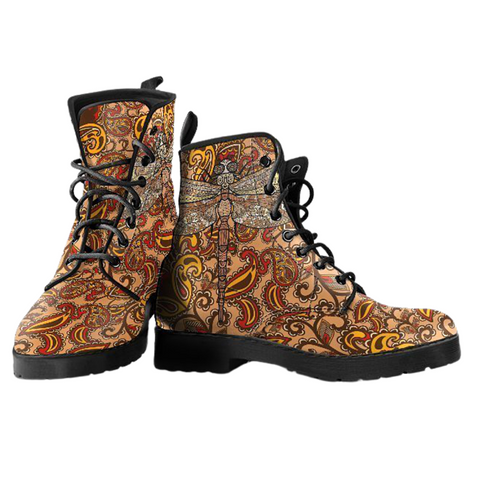Image of Dragonfly Mandala, Women's Vegan Leather Ankle Boots, Stylish Lace-up Fashion Boots, Handcrafted Vegan Shoes