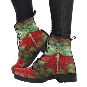 Dragonfly Henna - Women's Handcrafted Vegan Leather Boots, Ankle Lace-Up, Fashion Boots, Unique Footwear