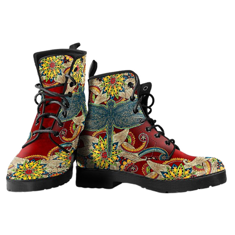 Image of Dragonfly Mandala Women's Vegan Leather Boots, Handcrafted, Boho Hippie Ankle