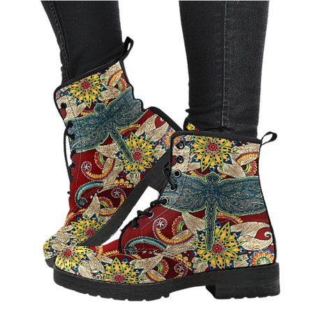 Image of Dragonfly Mandala Women's Vegan Leather Boots, Handcrafted, Boho Hippie Ankle