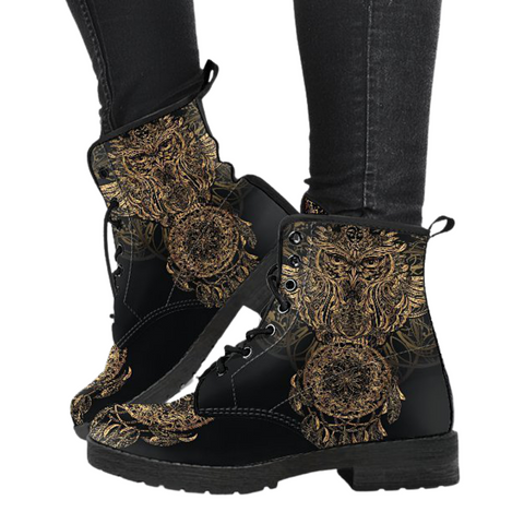 Image of Golden Owl Dream Catcher, Women's Vegan Leather Boots, Handmade Winter and Rain Resistant Footwear