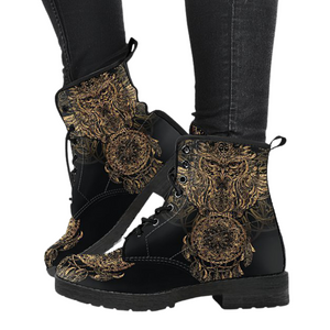 Golden Owl Dream Catcher, Women's Vegan Leather Boots, Handmade Winter and Rain Resistant Footwear