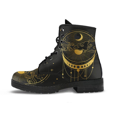 Image of Gold Black Moon Dream Catcher Mandala Women's Leather Boots, Custom Boho Chic,