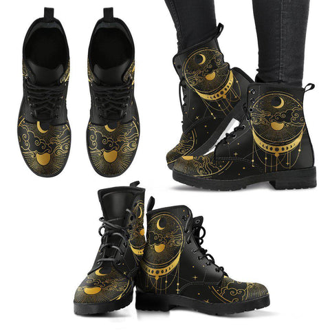 Image of Gold Black Moon Dream Catcher Mandala Women's Leather Boots, Custom Boho Chic,