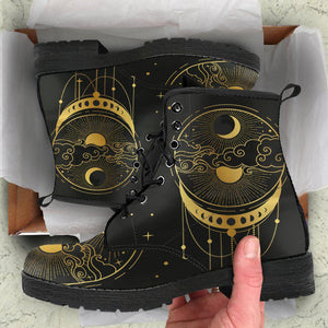 Gold Black Moon Dream Catcher Mandala Women's Leather Boots, Custom Boho Chic,