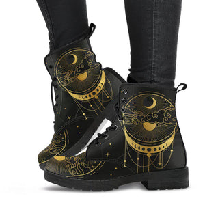 Gold Black Moon Dream Catcher Mandala Women's Leather Boots, Custom Boho Chic,