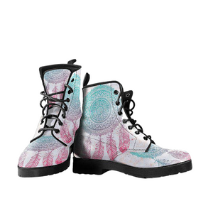 Women's Vegan Leather Boots, Pink White Dream Catcher Design, Hippie