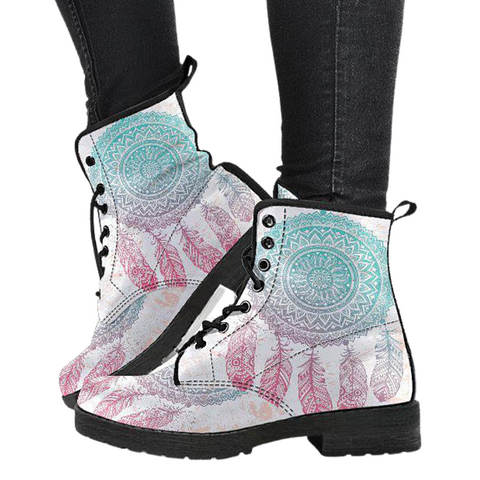 Image of Women's Vegan Leather Boots, Pink White Dream Catcher Design, Hippie