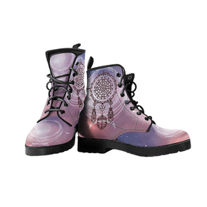 Women's Vegan Leather Boots, Pink Dream Catcher Design, Hippie