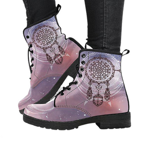 Women's Vegan Leather Boots, Pink Dream Catcher Design, Hippie