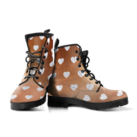 Image of Brown Hearts Design: Women's Vegan Leather Boots, Handcrafted Lace,Up Boots,