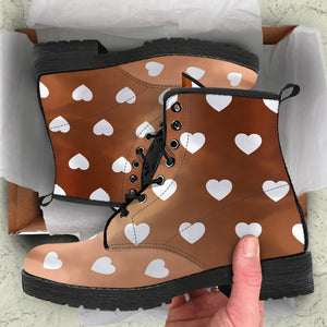 Brown Hearts Design: Women's Vegan Leather Boots, Handcrafted Lace,Up Boots,