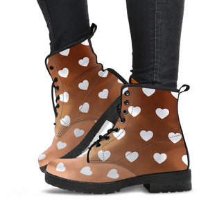 Brown Hearts Design: Women's Vegan Leather Boots, Handcrafted Lace,Up Boots,