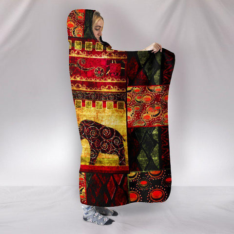 Image of Elephant Ethnic African Hooded blanket,Blanket with Hood,Soft Blanket,Hippie Hooded Colorful Throw,Vibrant Pattern Blanket,Sherpa Blanket
